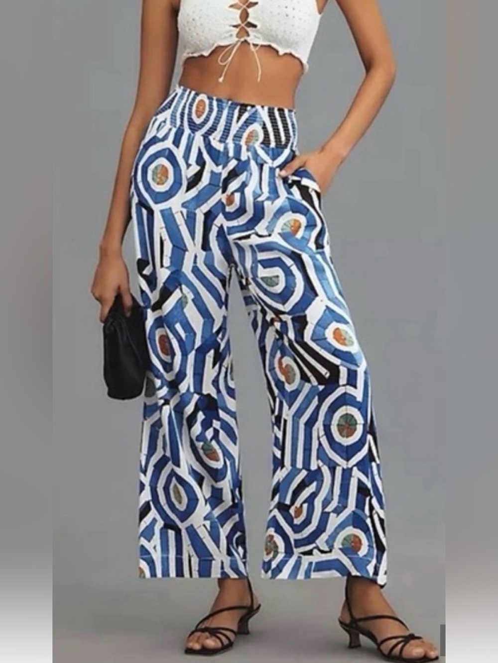 Maeve Anthropologie - The Saria - Blue Geometric Smocked Waist Wide Leg Pants XS